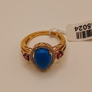 Gold Turquoise Ring And Necklace Set With Red And Purple Gemstones.